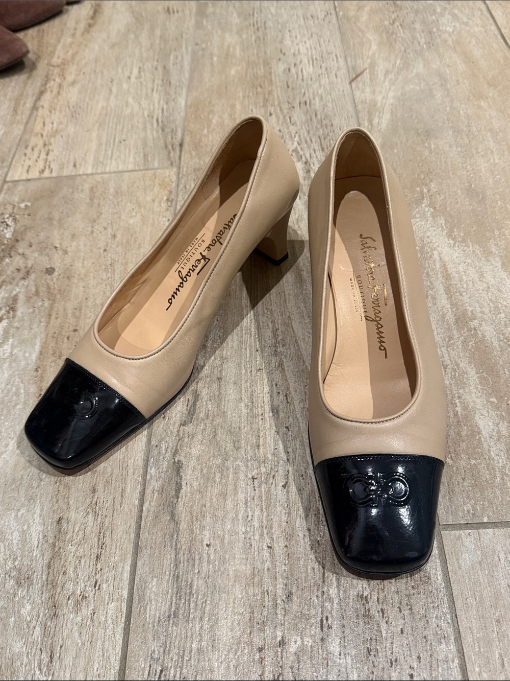 Salvatore Ferragamo Beige Leather Pumps with Black Patent Cap Toe